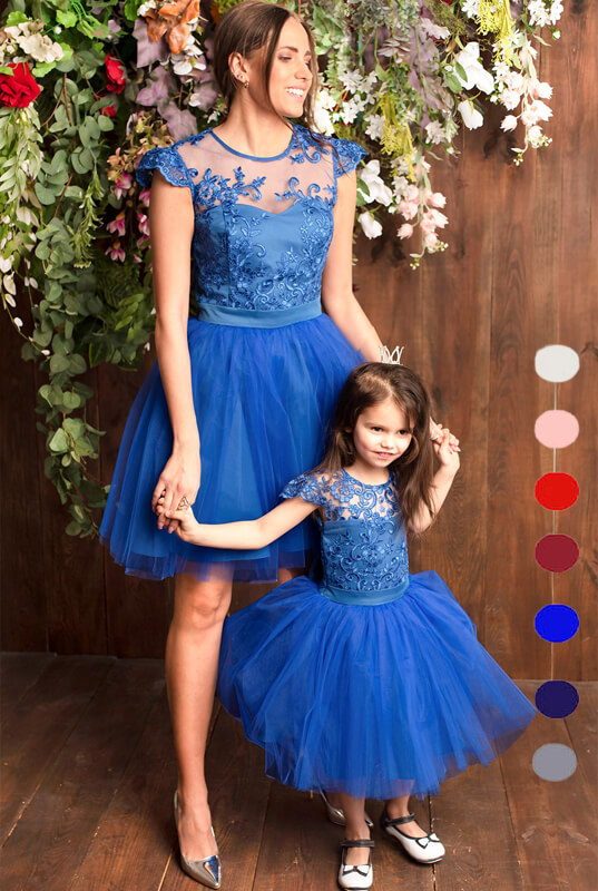 Robe De Fête Courte En Tulle Bleu Roi Pour Mère Et Fille MGD218 – Image 5