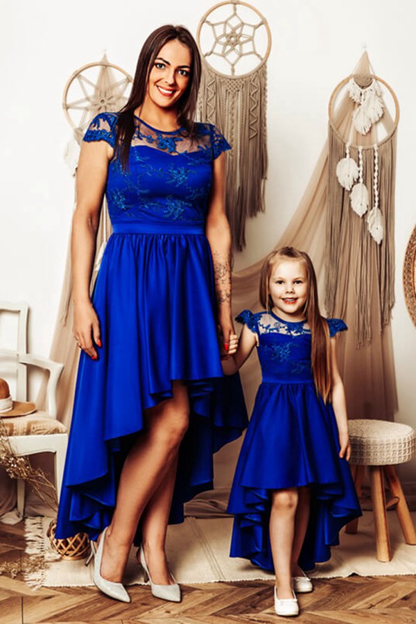 Robe De Fête Mère-Fille Bleu Roi, Coupe Asymétrique MGD219