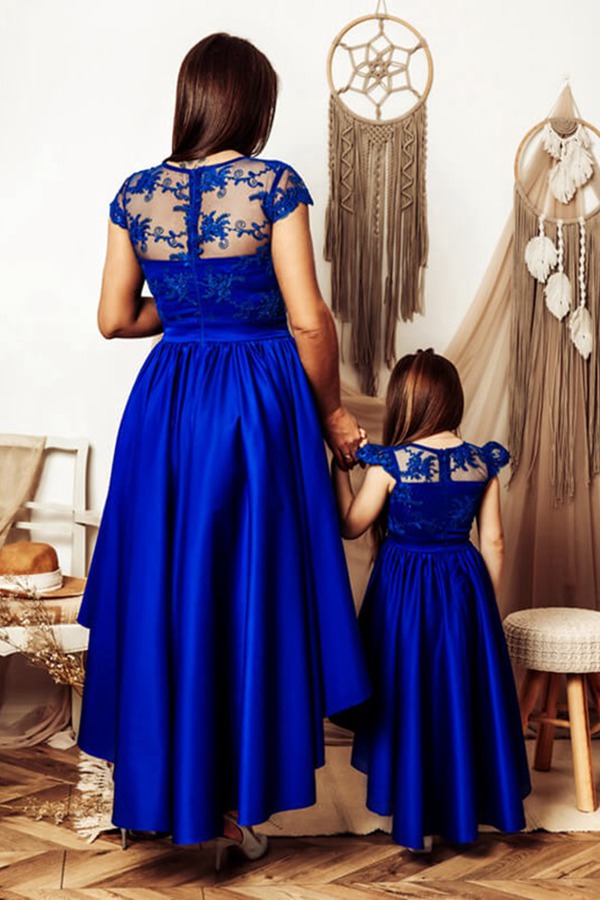 Robe De Fête Mère-Fille Bleu Roi, Coupe Asymétrique MGD219 – Image 3