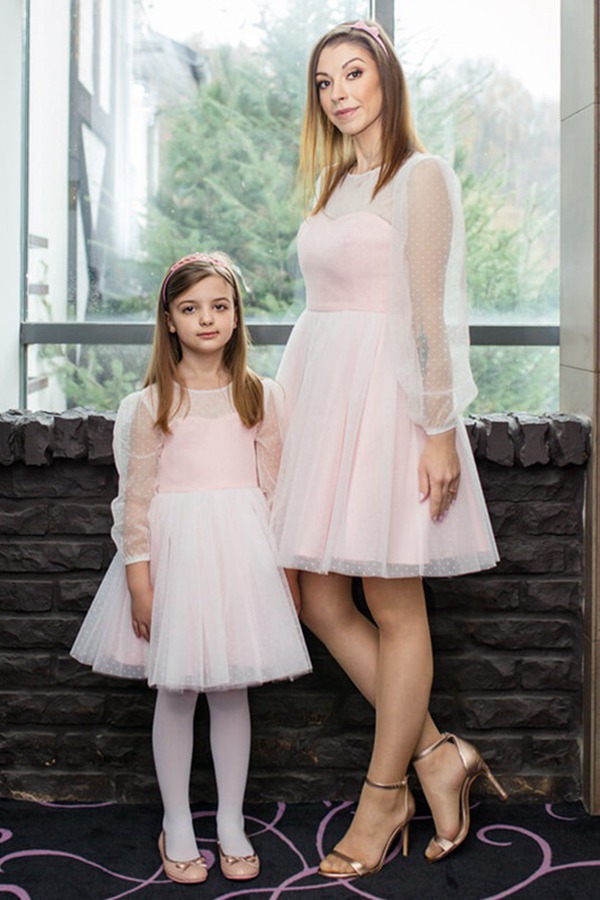 Robe De Fête Rose En Tulle à Manches Longues Pour Mère Et Fille MGD220