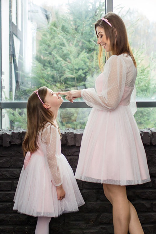 Robe De Fête Rose En Tulle à Manches Longues Pour Mère Et Fille MGD220 – Image 3