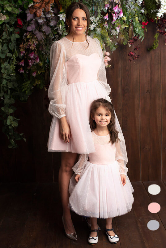 Robe De Fête Rose En Tulle à Manches Longues Pour Mère Et Fille MGD220 – Image 5