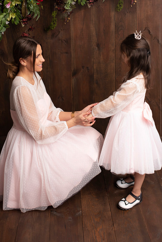 Robe De Fête Rose En Tulle à Manches Longues Pour Mère Et Fille MGD220 – Image 7
