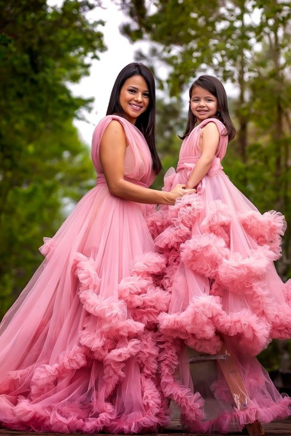 Robe De Cérémonie En Tulle Rose Pêche (Assortie Mère-Enfant) MGDK015