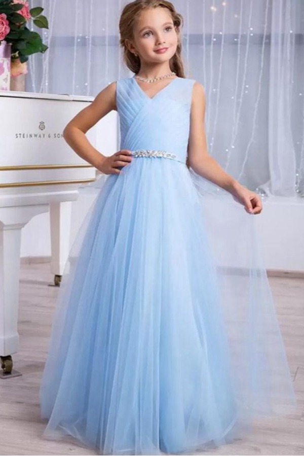 Robe De Fête En Tulle Pour Fille, Coupe Trapèze Et Col En V BCH067