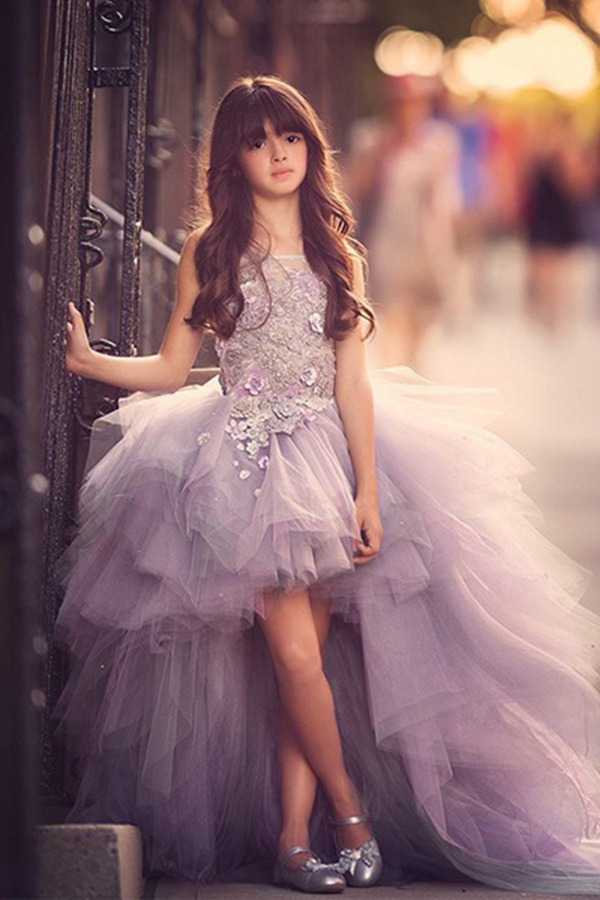 Robe de bal asymétrique (courte devant, longue derrière) pour fille, couleur lilas foncé CH0158