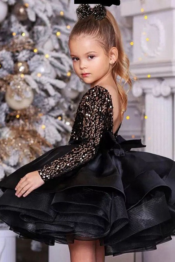 Robe De Fête Noire à Manches Longues Pour Enfant (Modèle Court) CH0179