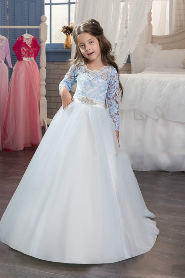 Robe De Bal Bleu Ciel à Manches Longues Pour Enfants CHK017