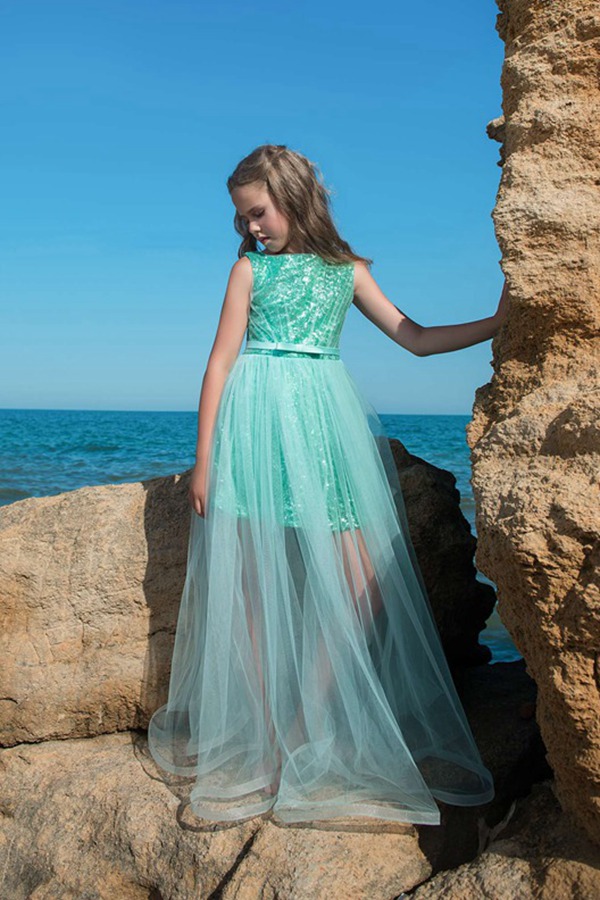 Robe De Bal Enfant Turquoise Mi-Longue à Paillettes CHK025