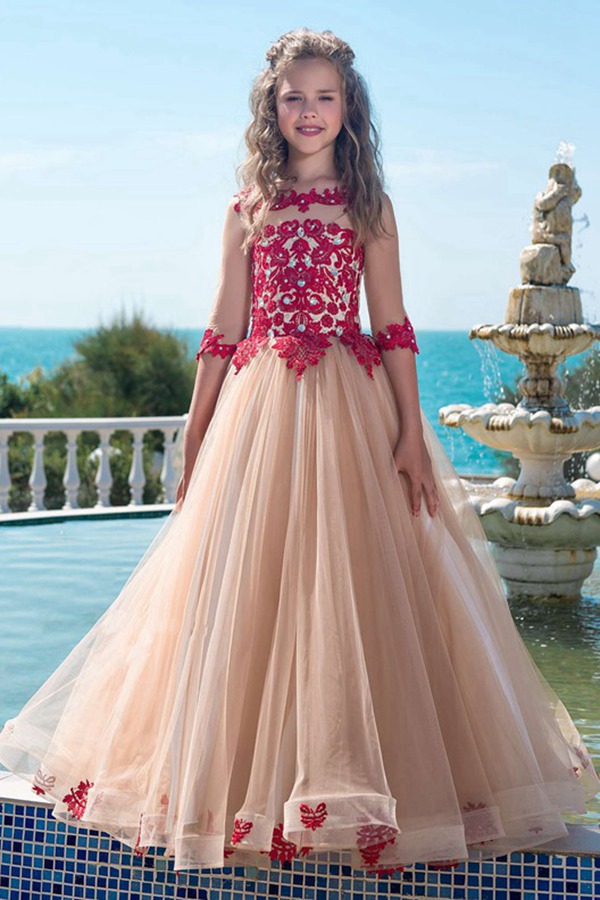 Robe De Fête Pour Enfant à Manches Courtes Et Dentelle Rouge CHK027
