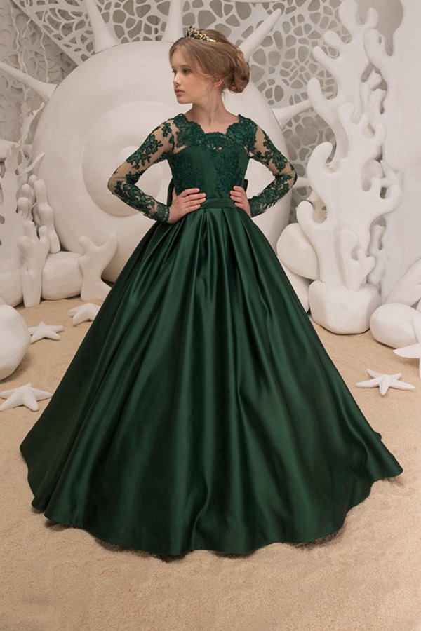 Robe de bal enfant vert foncé à manches longues CHK040