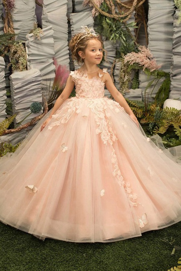 Robe de fête rose pour enfant avec motifs en dentelle papillon (pour concours ou cérémonie) CHK220