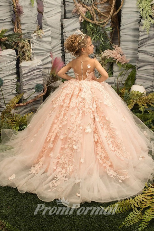 Robe de fête rose pour enfant avec motifs en dentelle papillon (pour concours ou cérémonie) CHK220 – Image 2