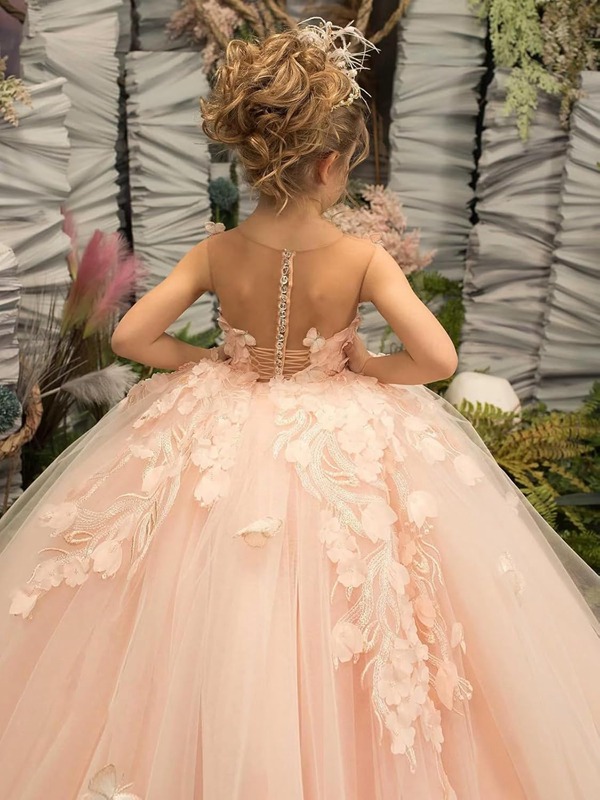 Robe de fête rose pour enfant avec motifs en dentelle papillon (pour concours ou cérémonie) CHK220 – Image 3