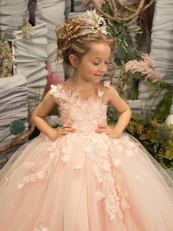 Robe de fête rose pour enfant avec motifs en dentelle papillon (pour concours ou cérémonie) CHK220 – Image 4