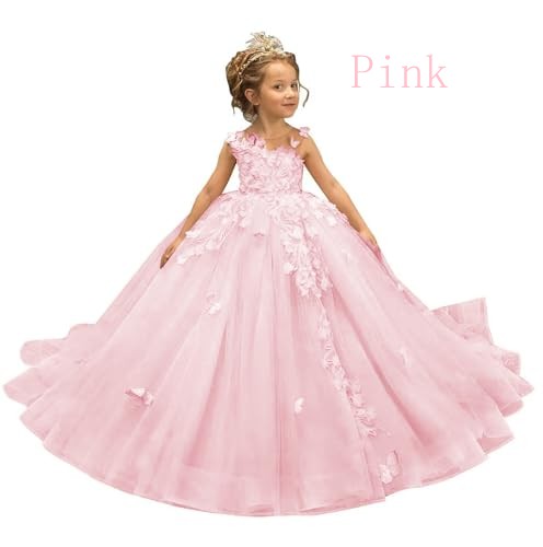 Robe de fête rose pour enfant avec motifs en dentelle papillon (pour concours ou cérémonie) CHK220 – Image 5