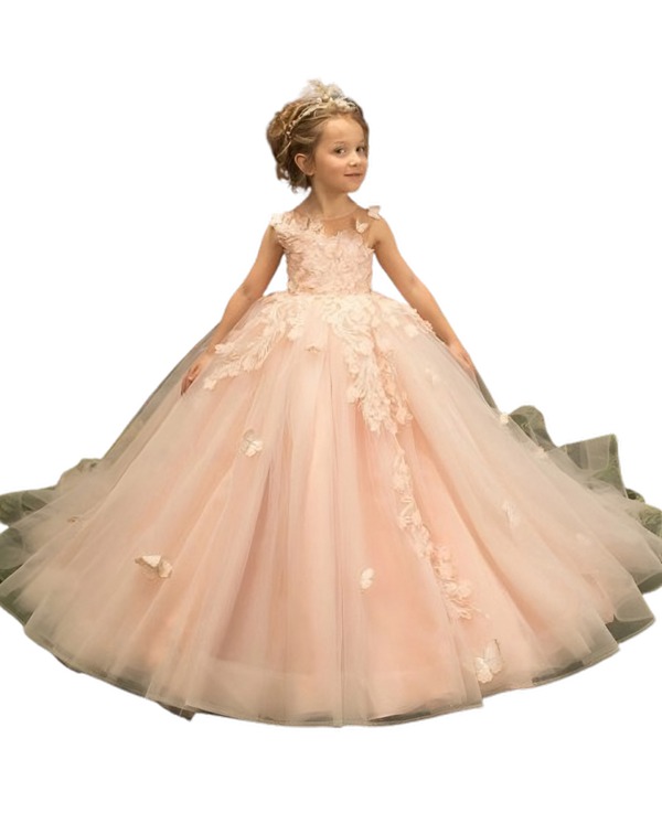 Robe de fête rose pour enfant avec motifs en dentelle papillon (pour concours ou cérémonie) CHK220 – Image 7