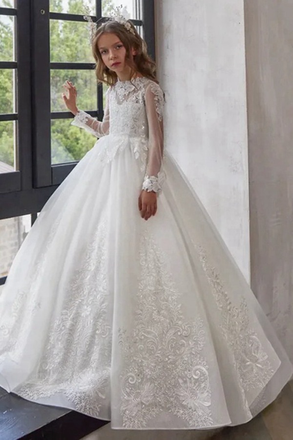 Robe De Communion Blanche à Manches Longues En Dentelle Pour Fille CHK229