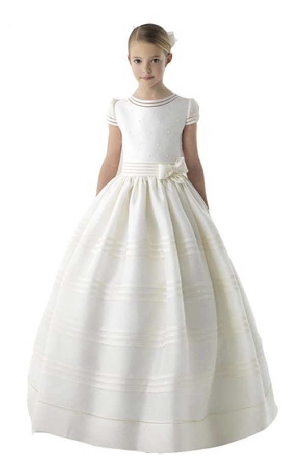 Robe De Première Communion Pour Fille, Manches Courtes, Avec Ceinture Et Nœuds FGD497
