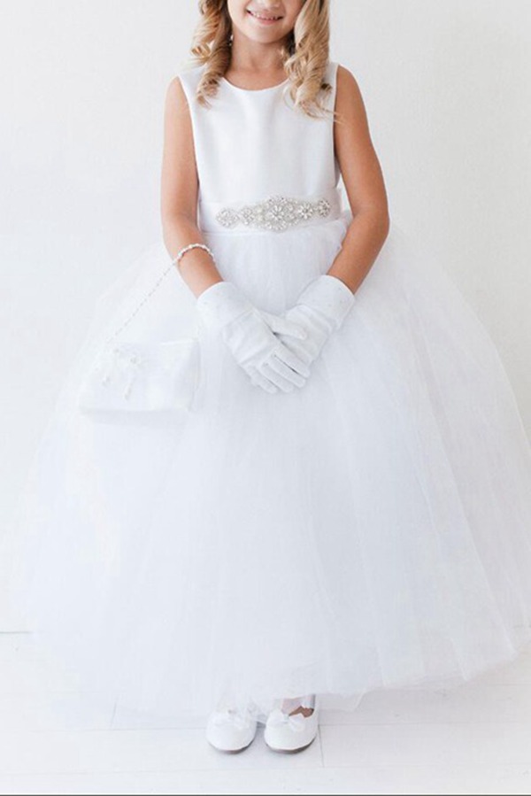 Robe De Communion Pour Fille En Tulle Et Satin Avec Ceinture FGD503