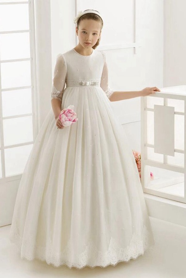 Robe De Première Communion élégante Pour Fille, Couleur Ivoire, à Manches Mi-Longues FGD504