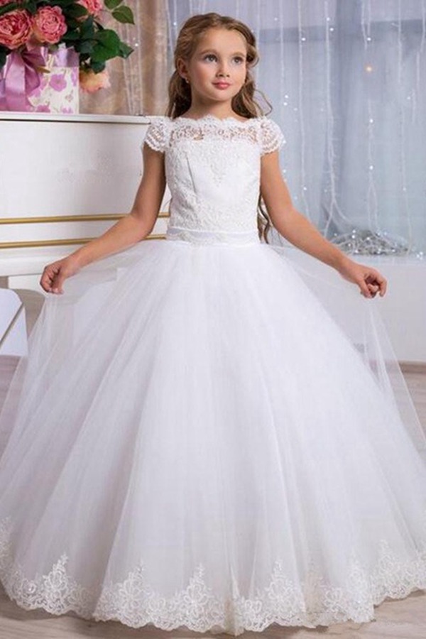 Robe De Première Communion En Dentelle à Manches Courtes FGD506
