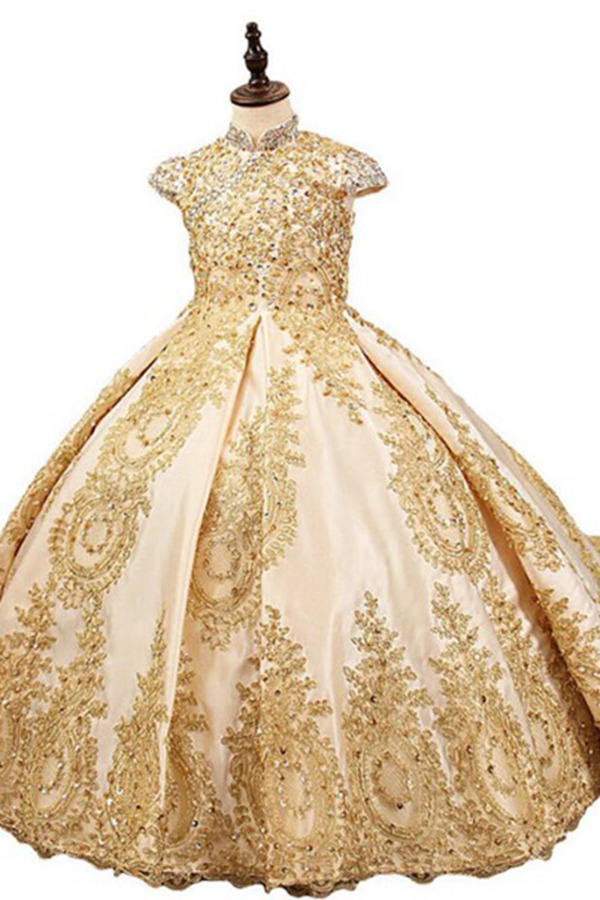 Robe De Demoiselle D'honneur En Dentelle Dorée Et Perles FGD516